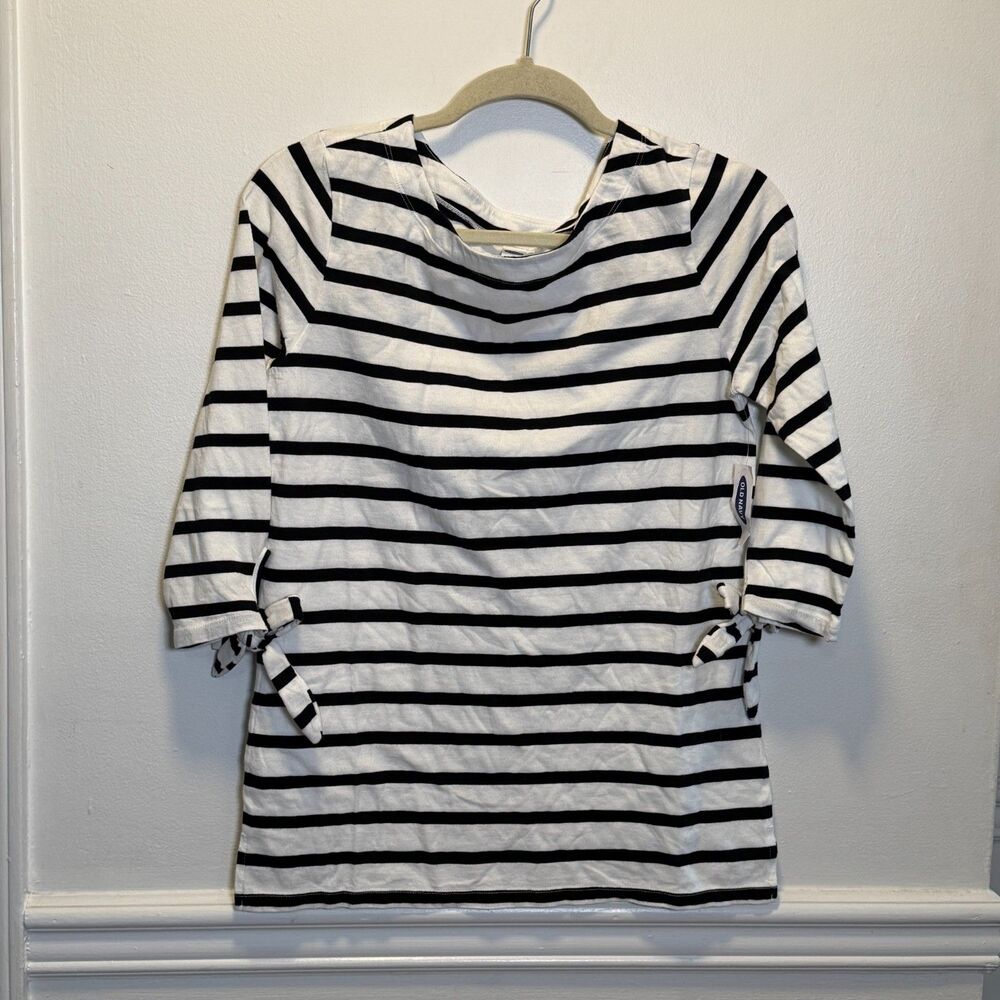 Old Navy Womens Small Black White Striped Tie Sleeve Boat Neck Top NWT